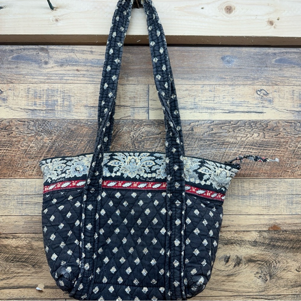 Vera Bradley Black Quilted Shoulder Tote with Cream and Red Accents